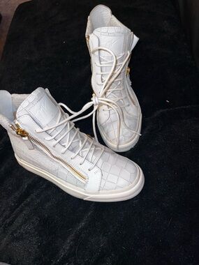 Giuseppe Zanotti White Croc-Embossed High-Top Sneakers with Gold Zips